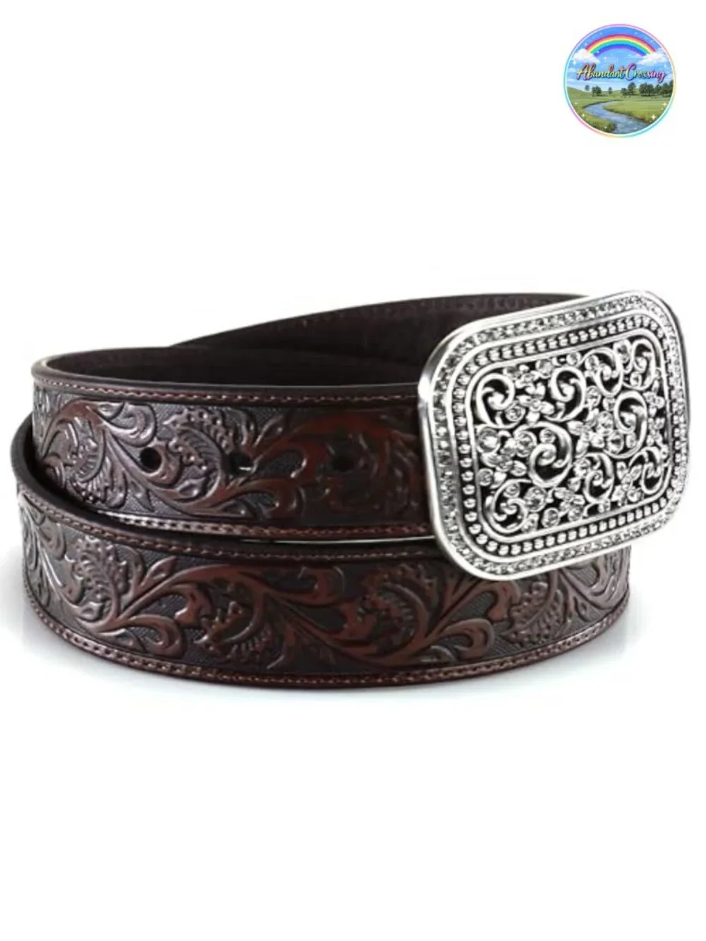 Genuine Leather Western Belt with Ornate Rhinestone Buckle